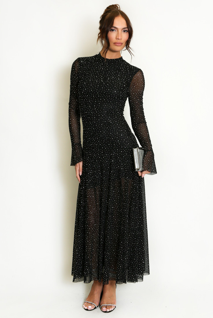 Stud Embellished Sheer Sleeve Maxi Dress