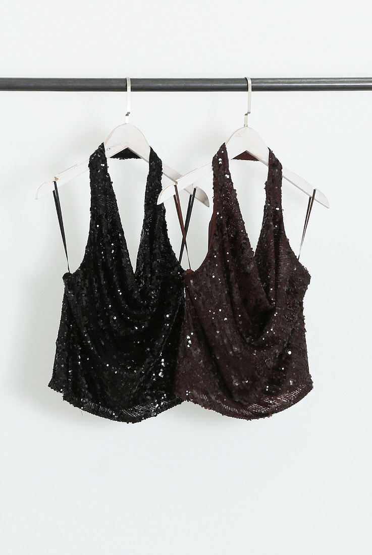 Sequin Cowl Halter Neck Blouse