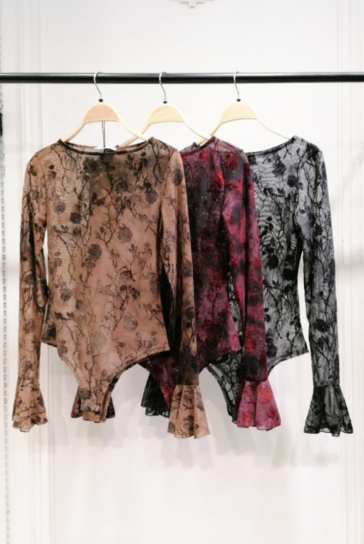Velvet Floral Mesh Long Sleeve Bodysuit