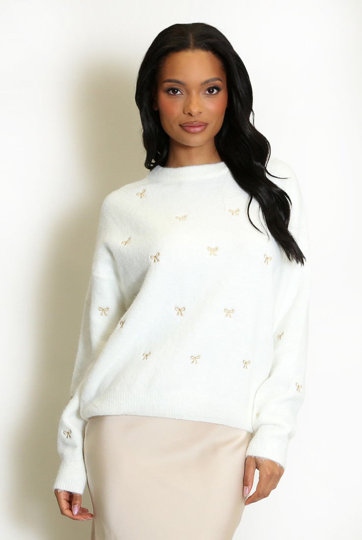Fluffy Embroidered Bow Jumper 