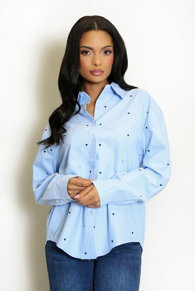 Heart Embroidered Cotton Shirt