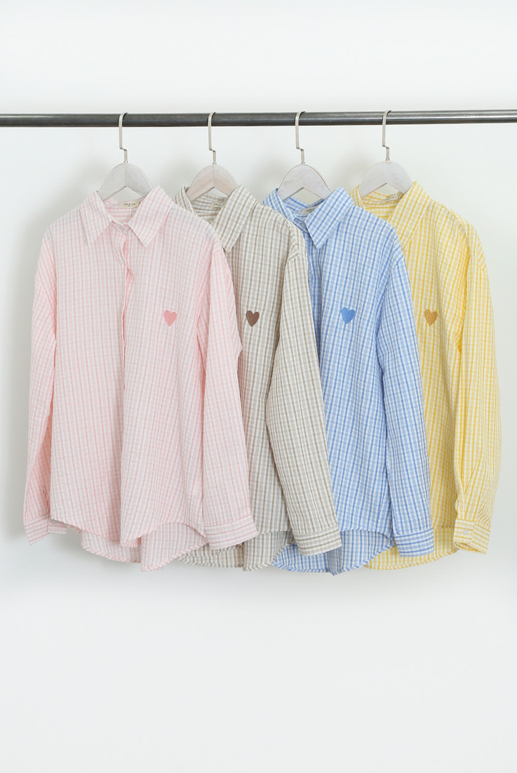 Heart Embroidered Check Cotton Shirt