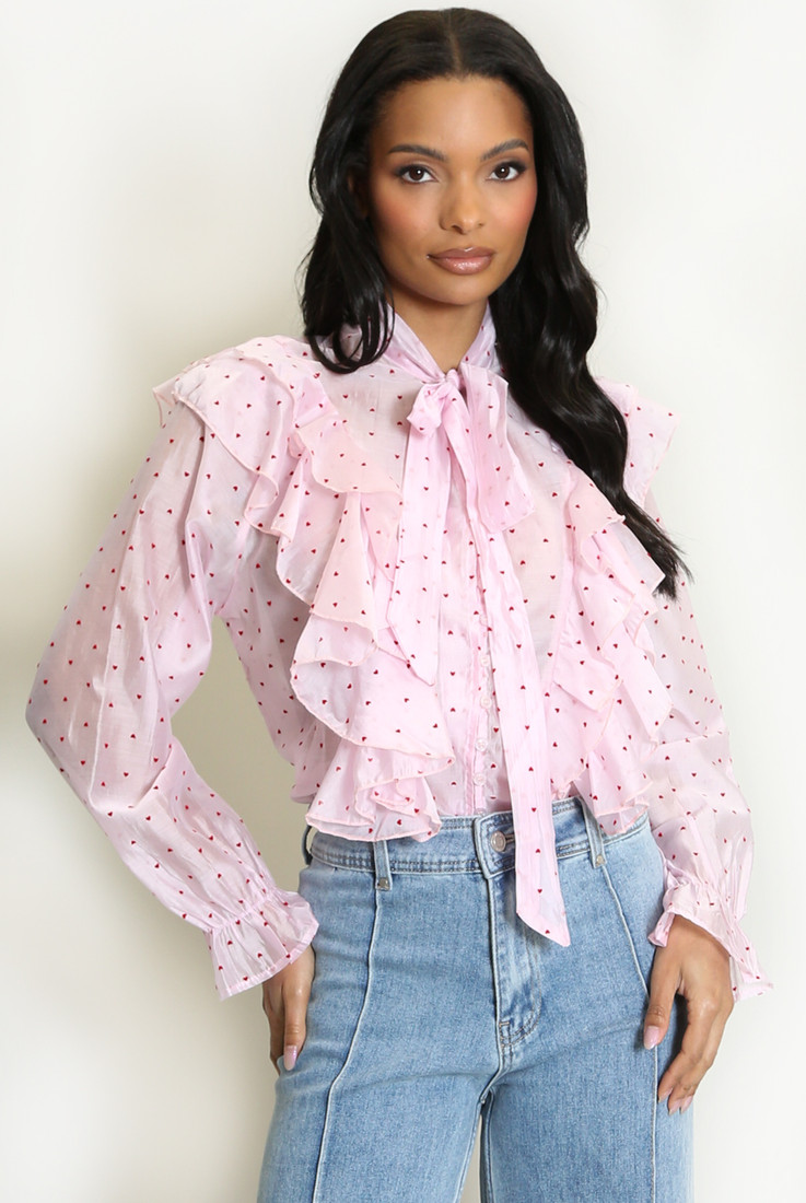 Heart Print Chiffon Pussy Bow Blouse 
