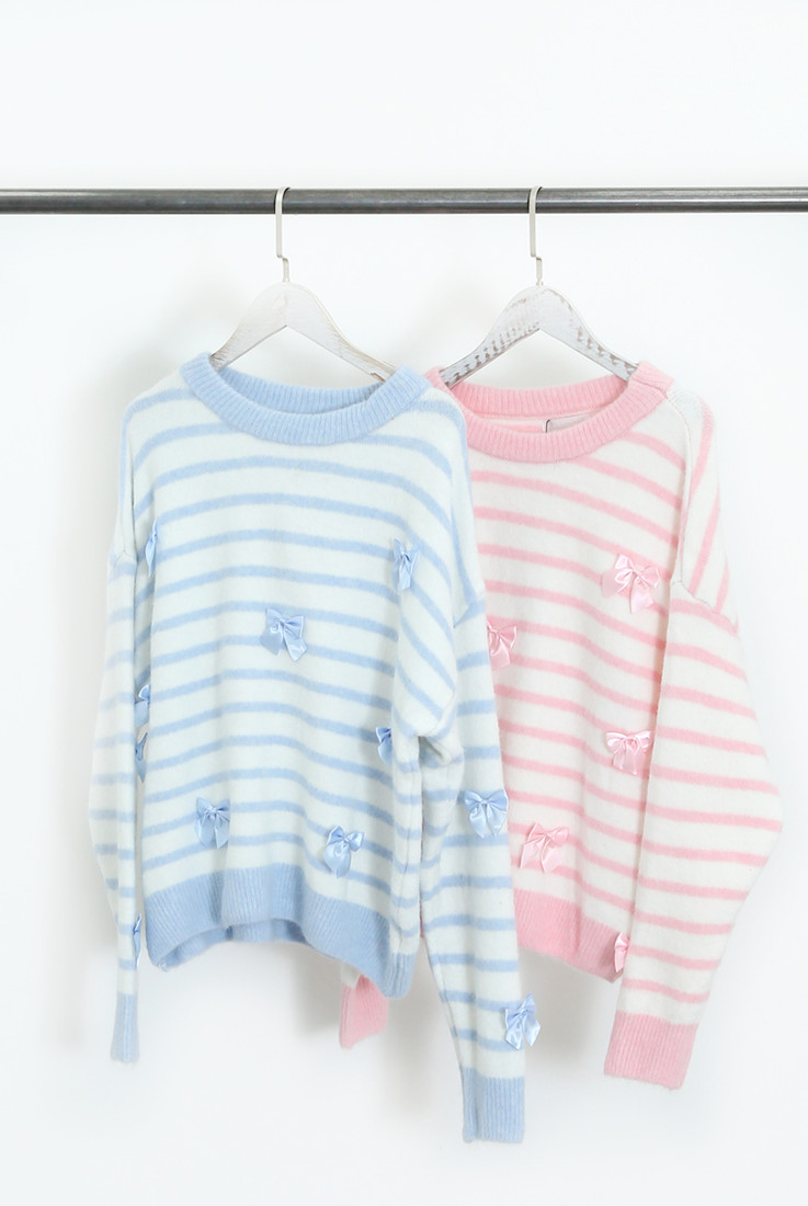 Striped Bow Applique Fluffy Knit Jumper