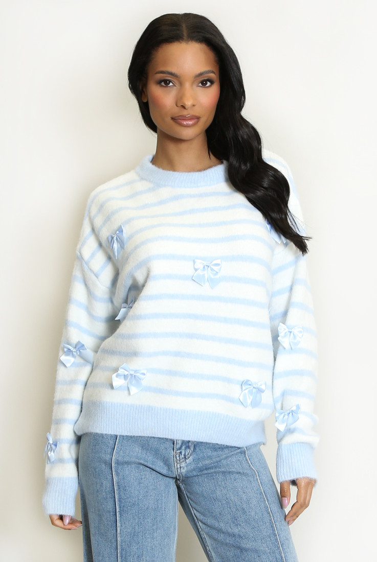 Striped Bow Applique Fluffy Knit Jumper