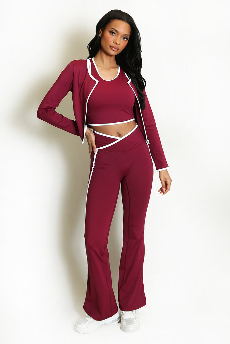 3 Pcs Striped Band Jacket And Flare Trouser Set