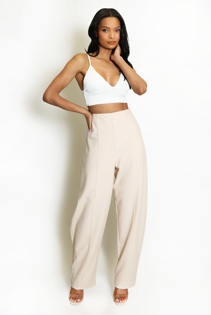 Beige High Waist Wide Leg Trouser
