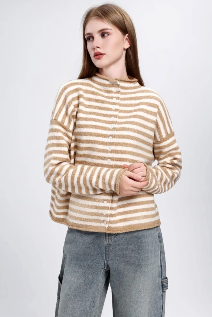 High Neck Striped Cardigan 