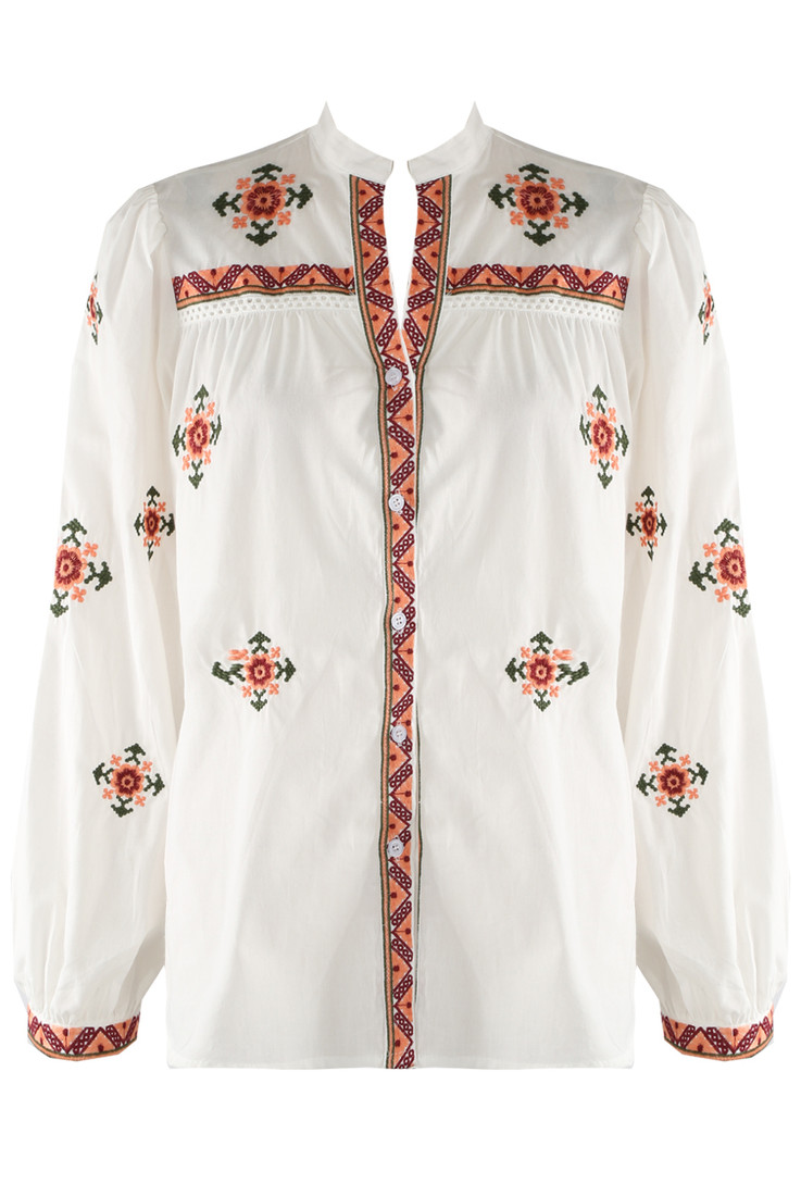 Collarless Blouse With Coral Embroidery 