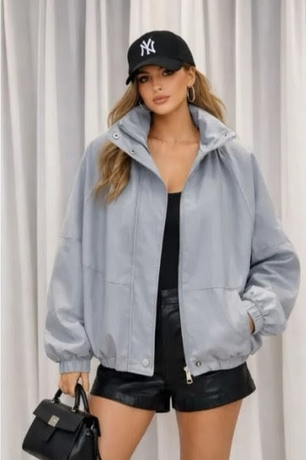 Gathered Collar PU Oversized Jacket