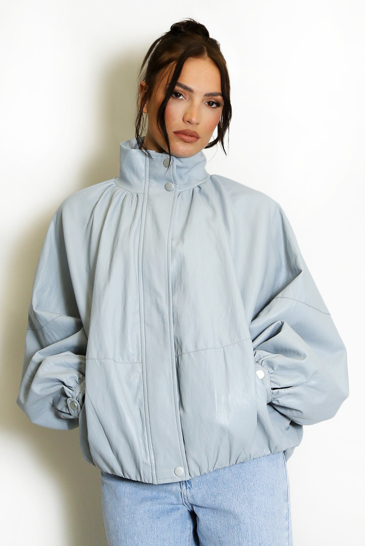 Gathered Collar PU Oversized Jacket