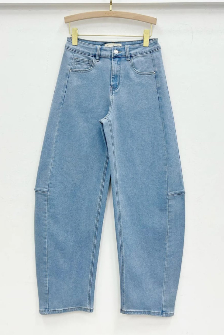 Mid Wash Paneled Barrel Jeans