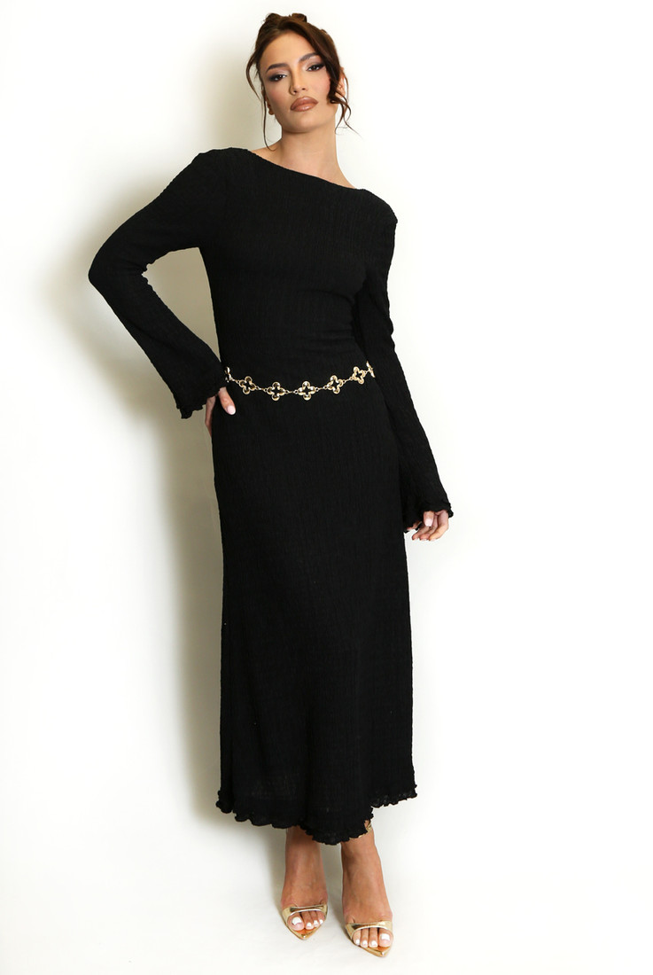 Textured Flute Sleeves Midi Dress