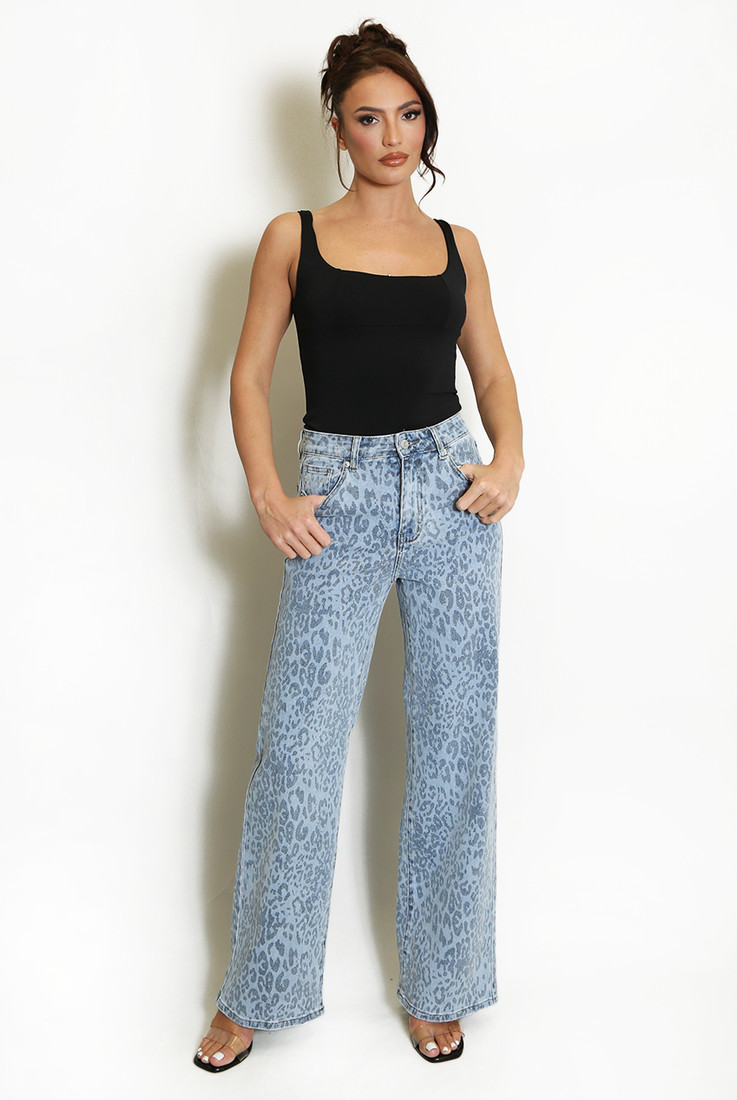 Light Blue Leopard Print Wide Leg Jeans