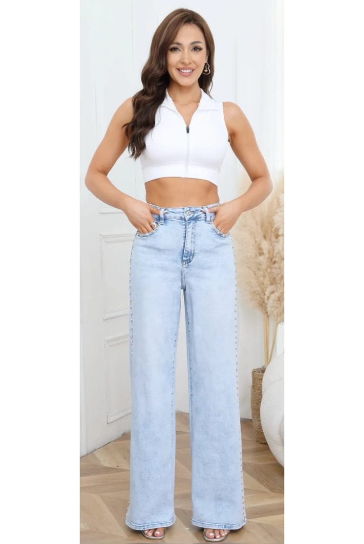Studded Side Trim Wide Leg Jeans