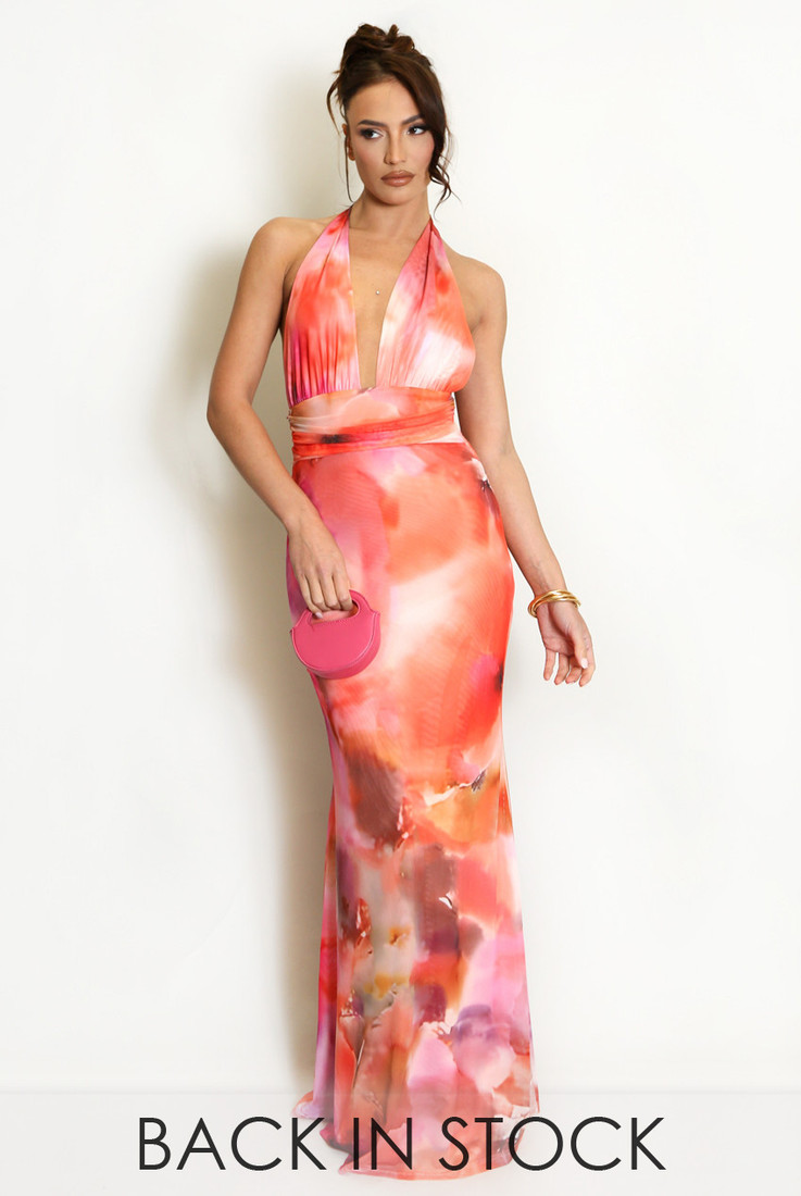 Abstract Tie Dye Halter Neck Maxi Dress