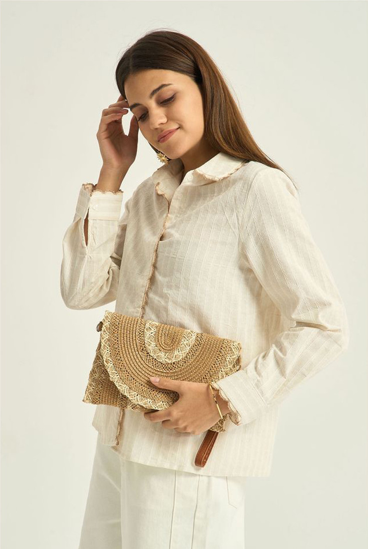  Natural Woven Fold Over Clutch Bag