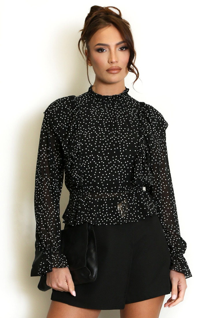 Polka Dot Chiffon Frill Blouse 