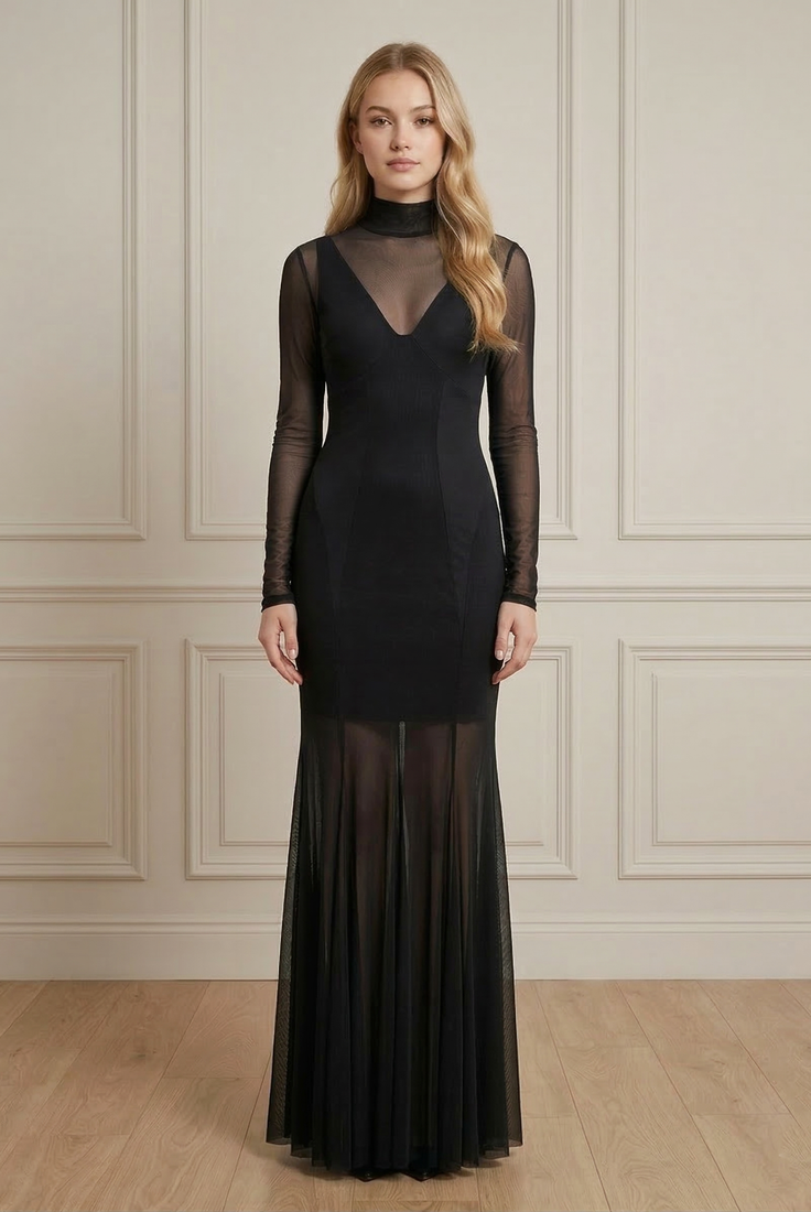 Black Mesh Detail Maxi Dress