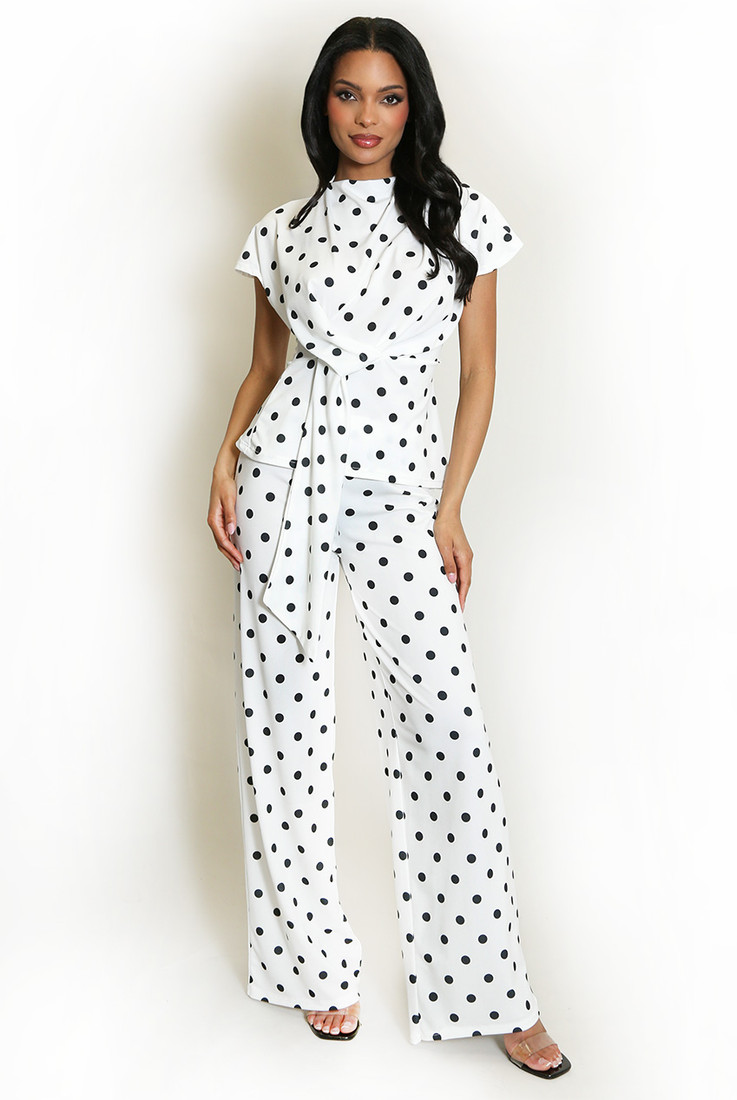 Polka Dots Wrap Blouse and Trouser Set