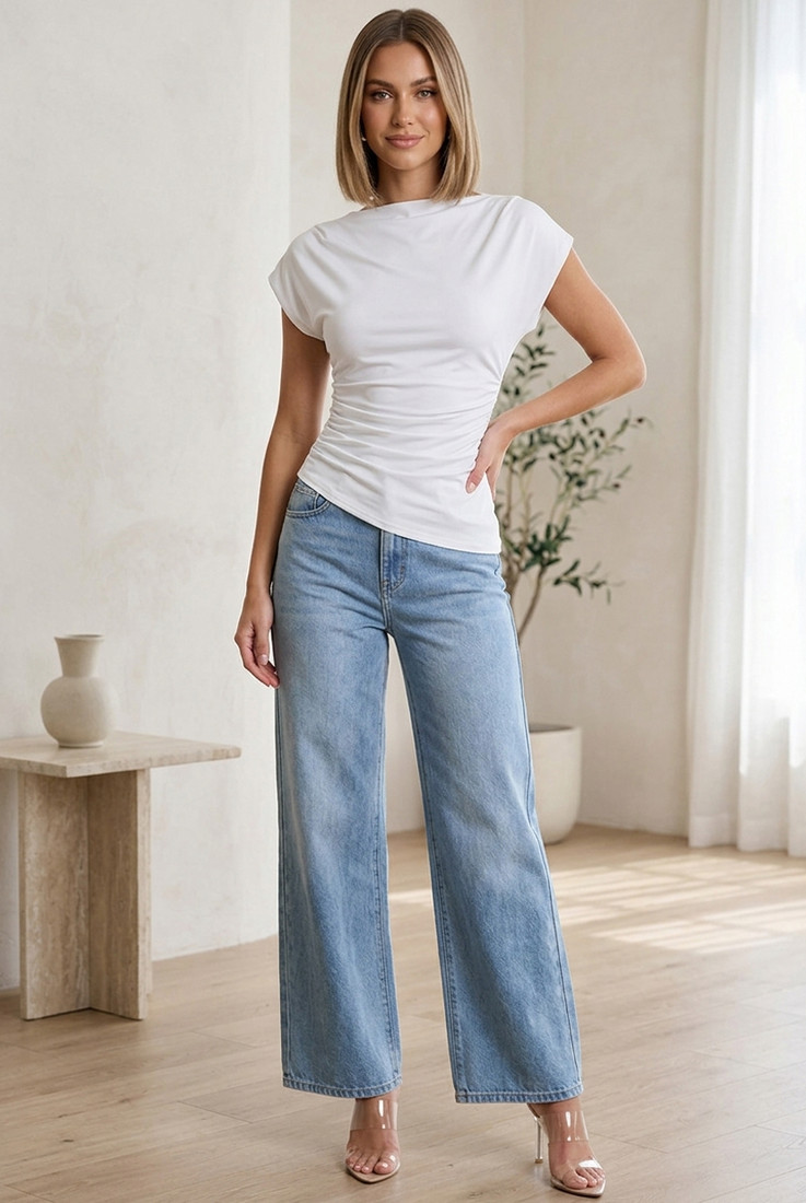 Asymmetric Short Sleeve Ruched Top