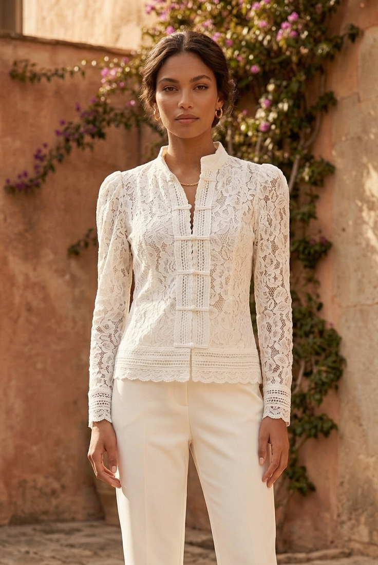 Long Sleeve Lace Mandarin Collar Top