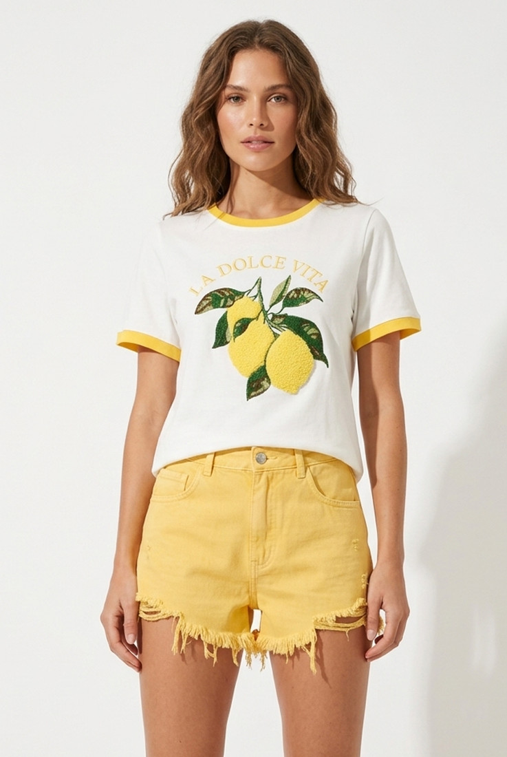 Textured Lemon Motif T-Shirt 