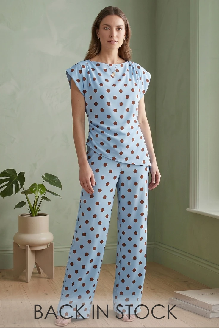 Polka Dot Asymmetric Top And Trouser Set