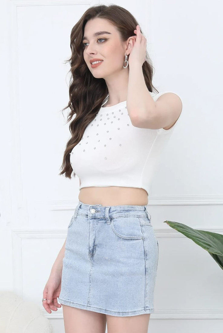 Blue Studded Mini Skirt