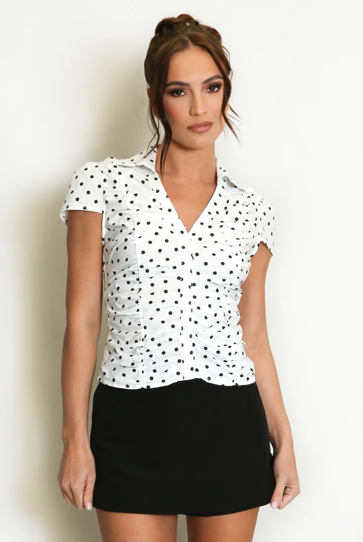 Polka Dot Ruched Fitted Blouse