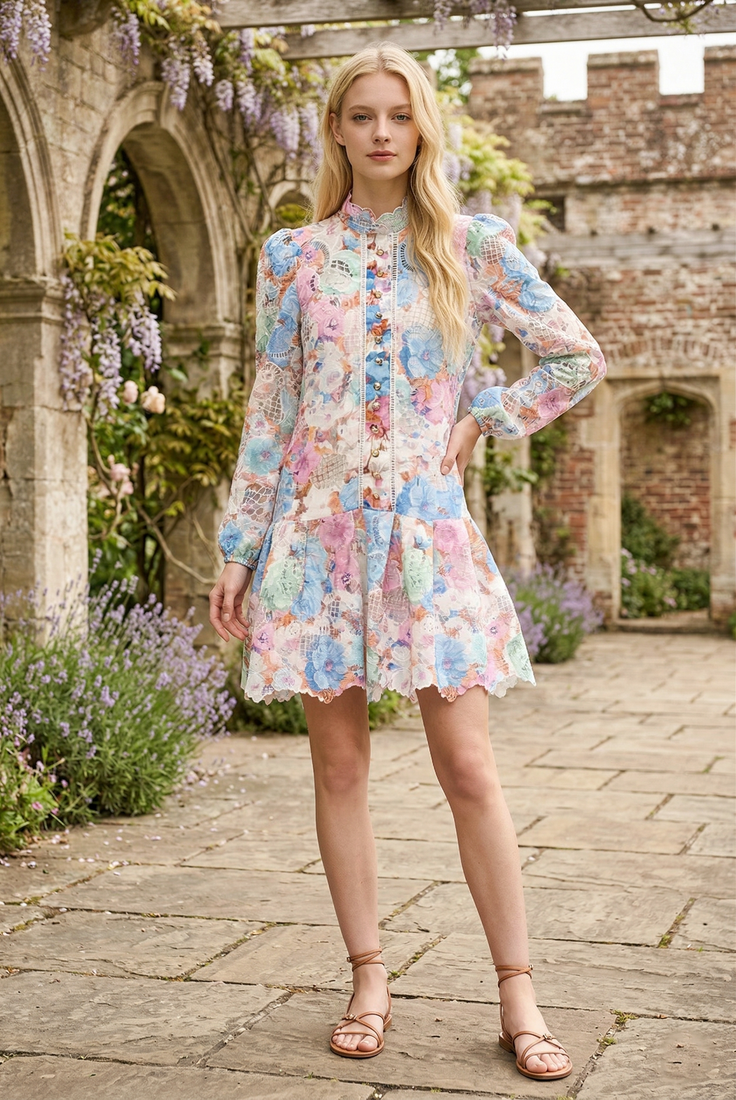 Floral Lace Mesh Swing Hem Dress