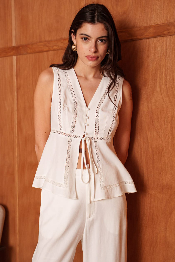 Button Front Lace Insert Sleeveless Blouse