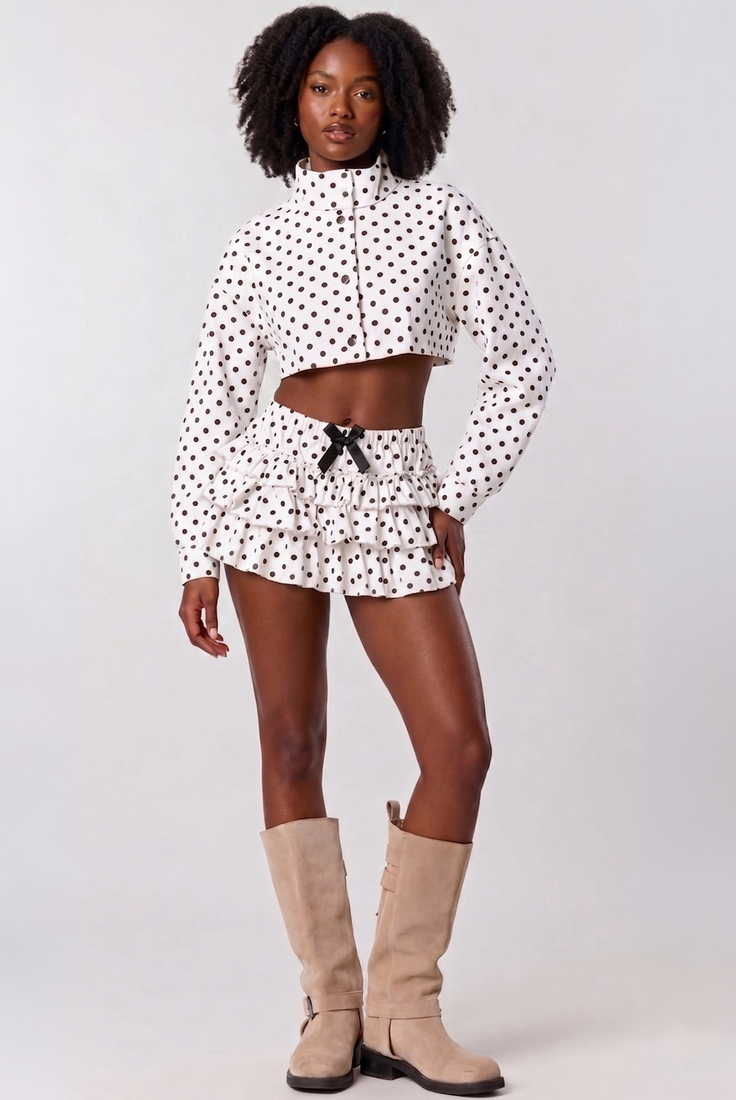 Polka Dots Cropped Jacket and Ruffle Skirt