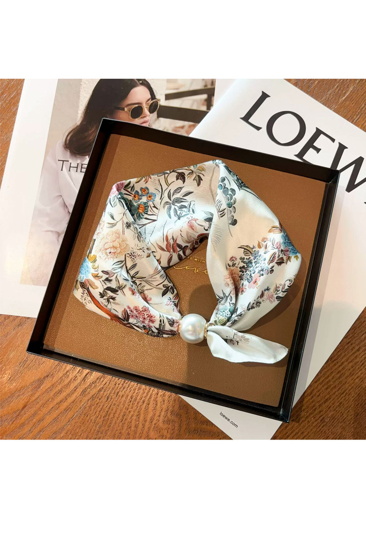 Pearl Clasp Floral Neck Scarf