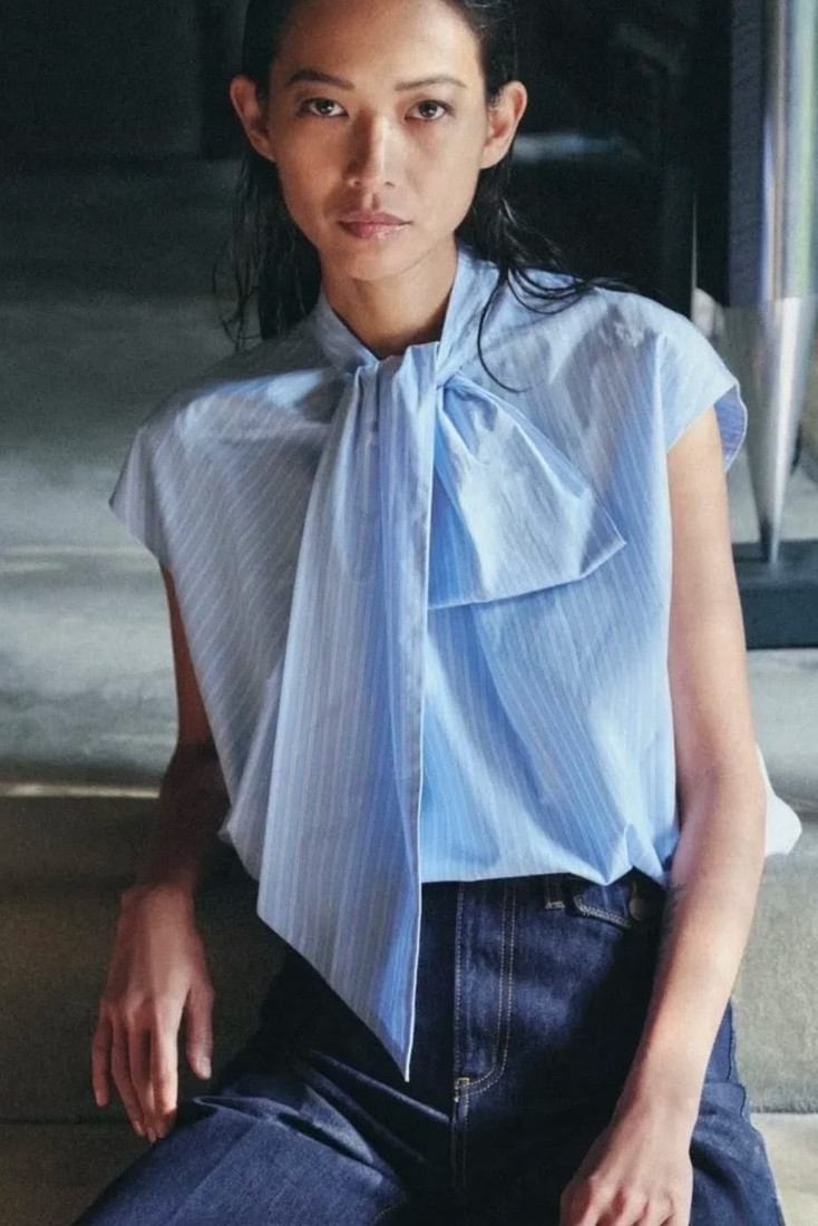 Pinstripe Tie Neck Blouse