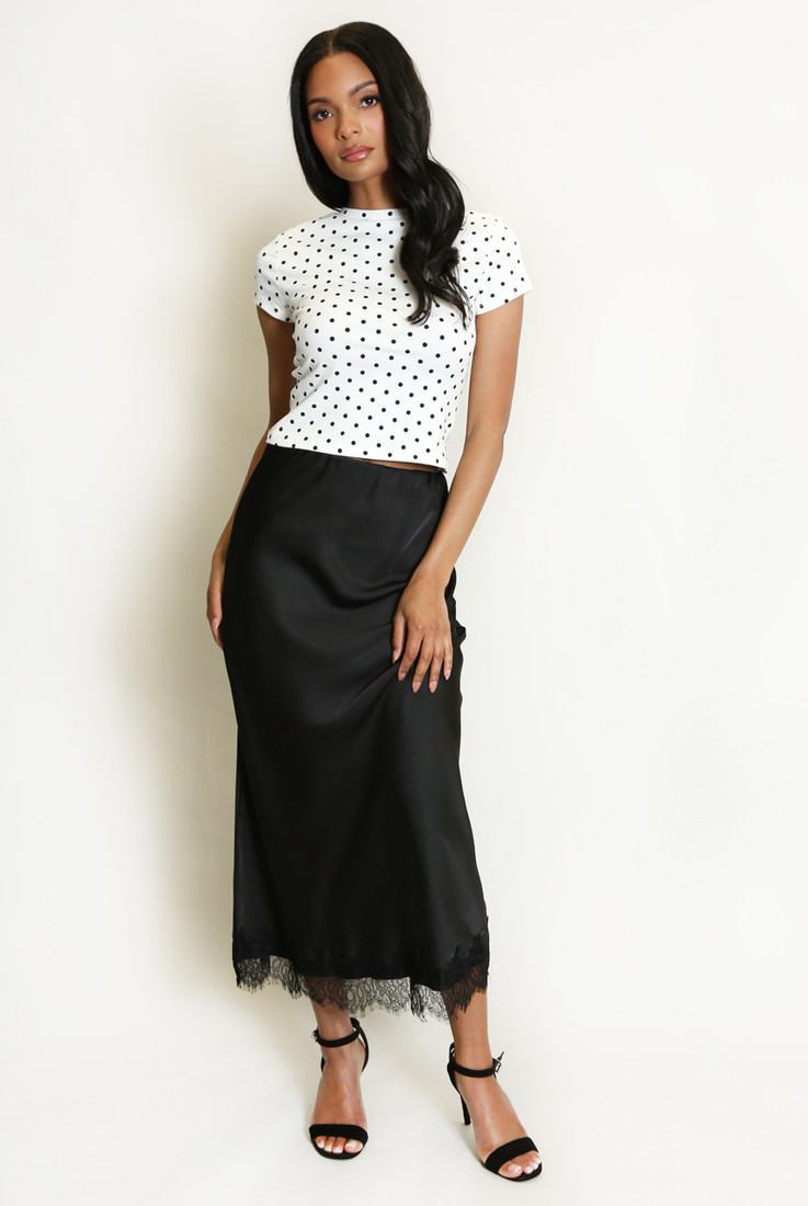 Satin Lace Hem Midi Skirt