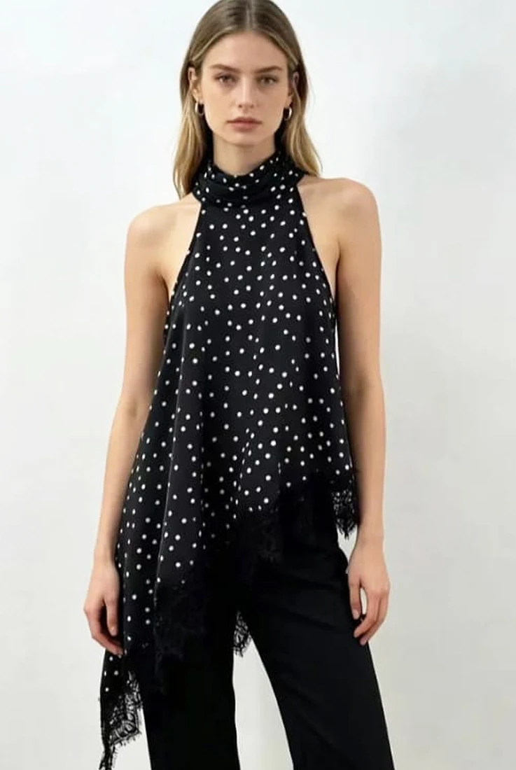 Polka Dots Choker Neck Asymmetric Top