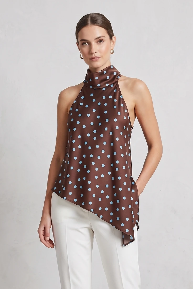 Polka Dots Asymmetric Choker Blouse