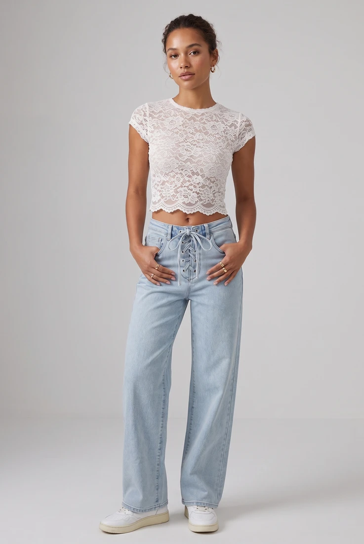 Lace Up Vintage Denim Jeans