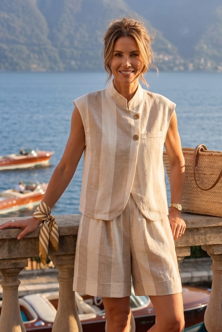 Striped Asymmetric Waistcoat and Shorts Set