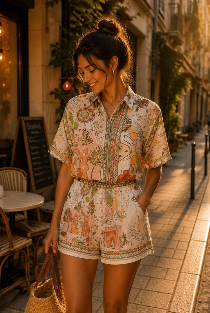 Moroccan Print Blouse and Shorts Set