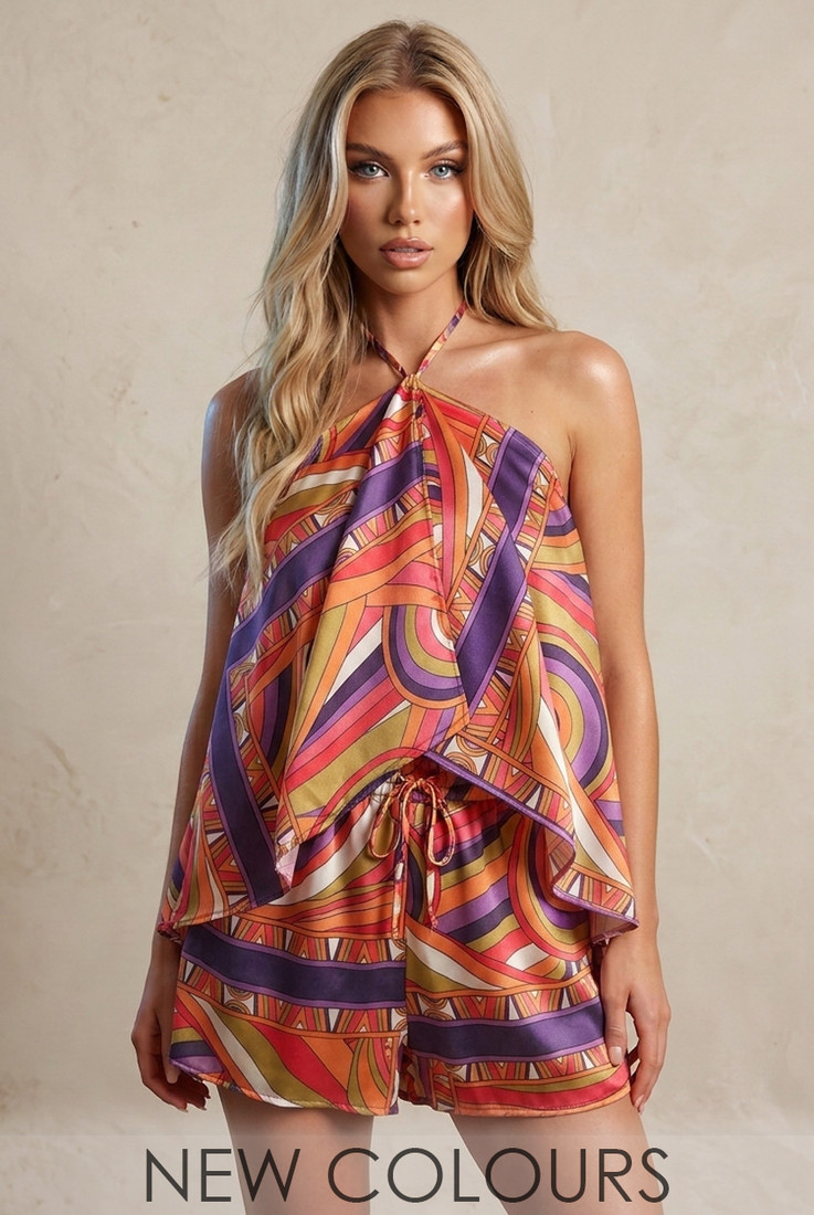 Scarf Print Halterneck Top and Shorts Set