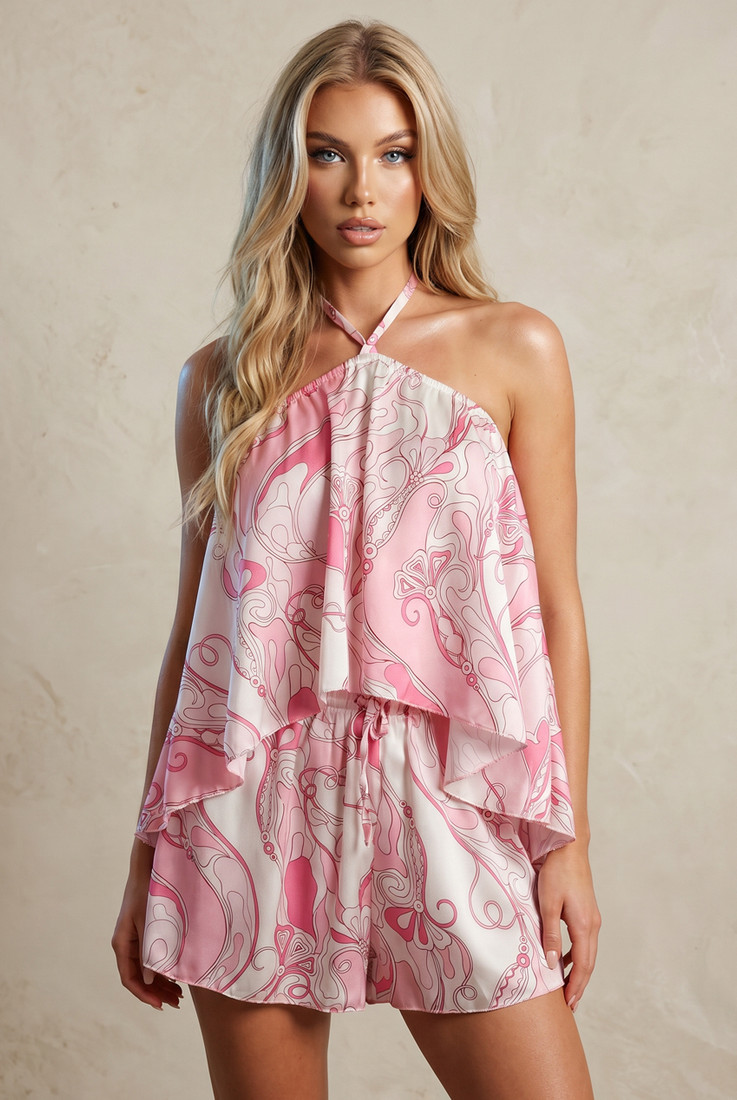 Abstract Halterneck Blouse and Shorts Set