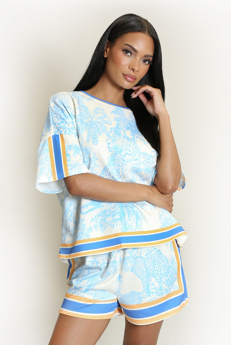 Jungle Print Satin T-Shirt And Shorts Set