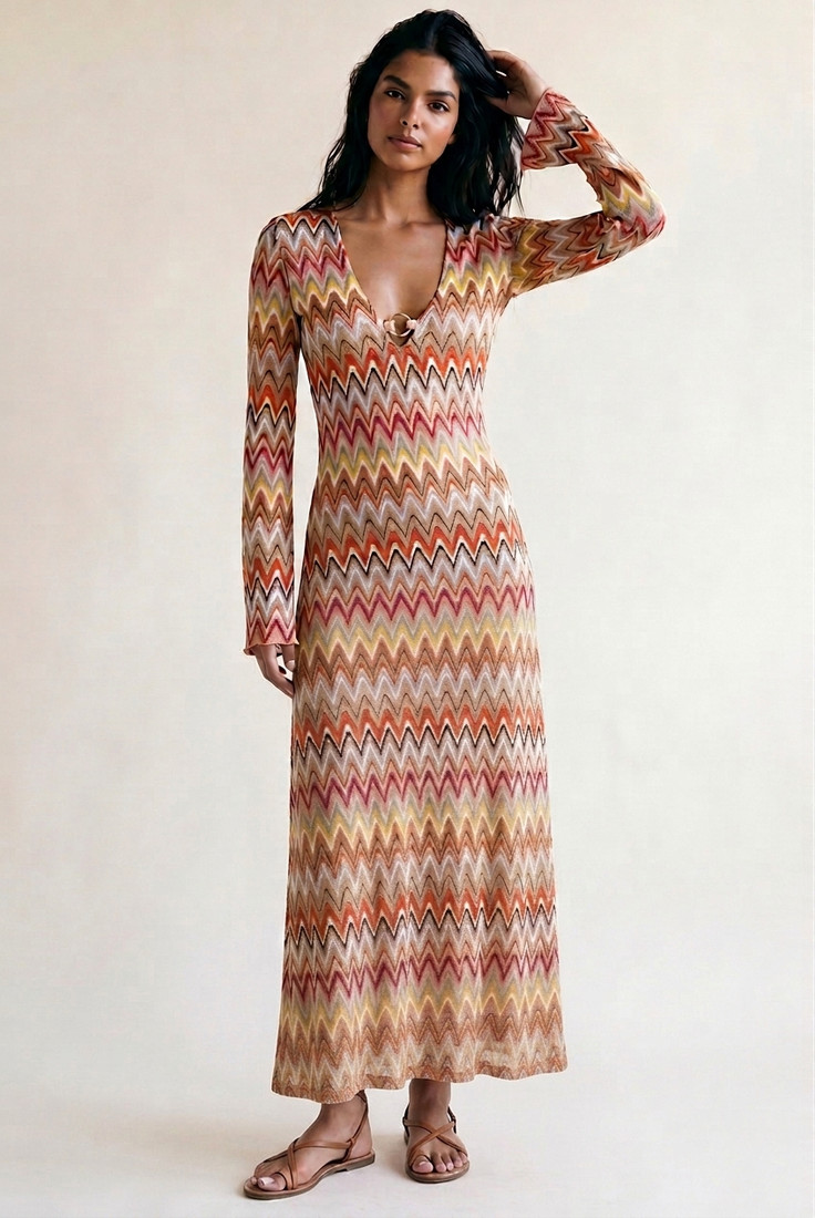 Zig Zag Ring Plunge Neck Maxi Dress