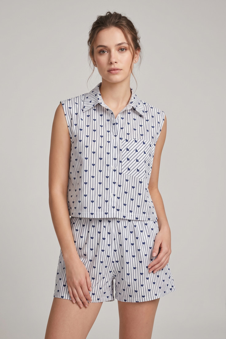 Hearts Stripes Pattern Blouse and Shorts Set