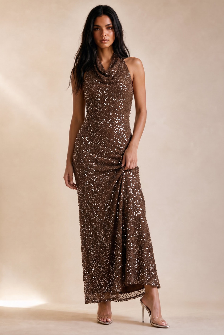 Sequin Halterneck Open Back Maxi