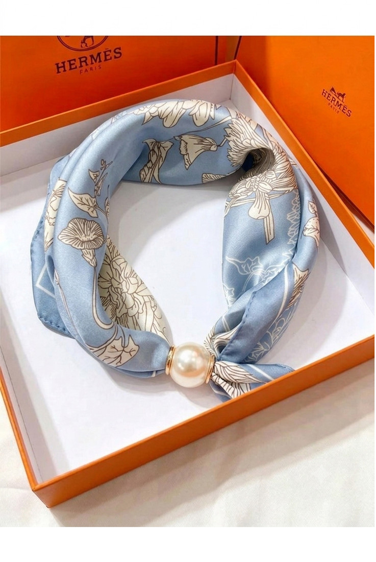 Floral Print Pearl Clasp Satin Neck Scarf 