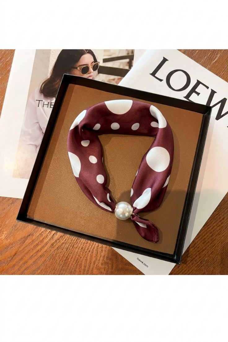 Polka Dot Pearl Clasp Satin Neck Scarf 