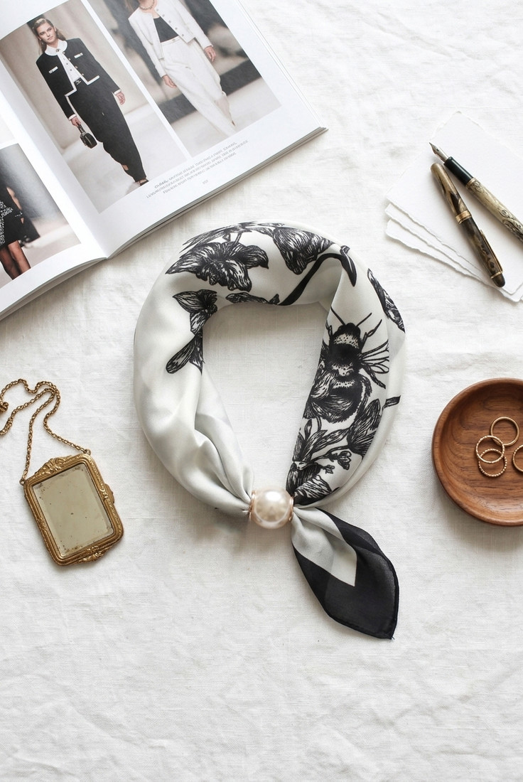 Printed Pearl Clasp Neck Scarf 